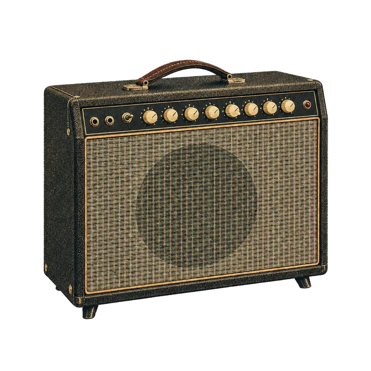 Illustration of a blackface combo amplifier with eight knobs, a jewel lamp and a leather handle