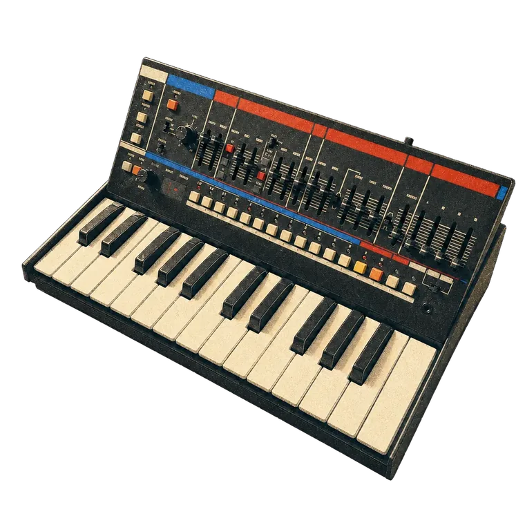 Illustration of a compact slider synthesizer with a two-octave keyboard