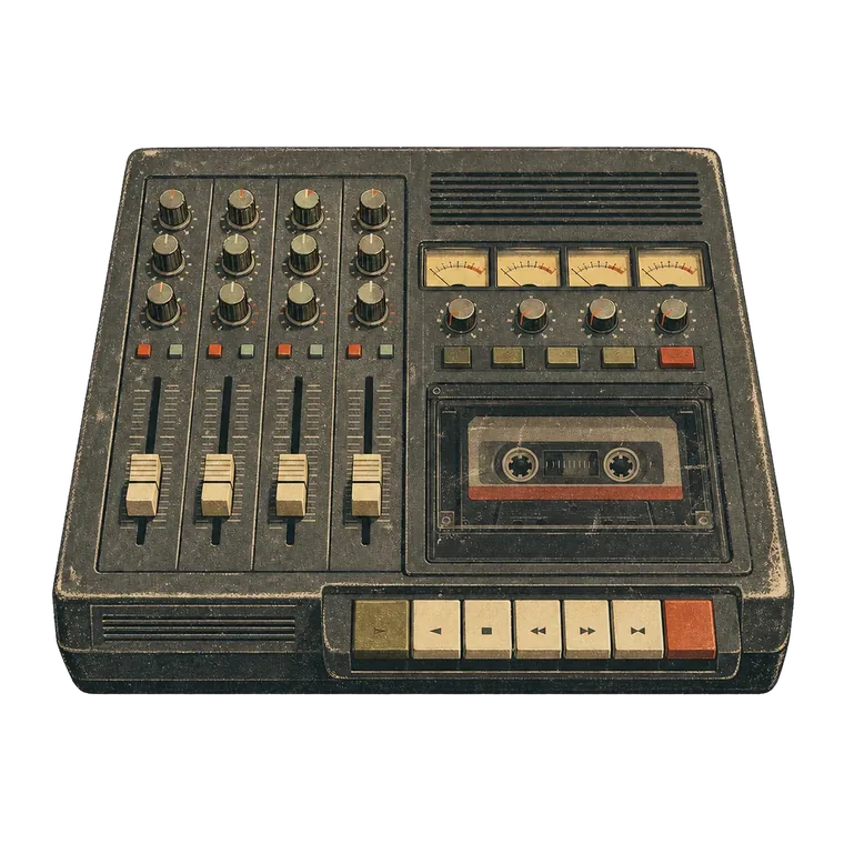Illustration of a cassette multitrack recorder with faders, VU meters and transport keys