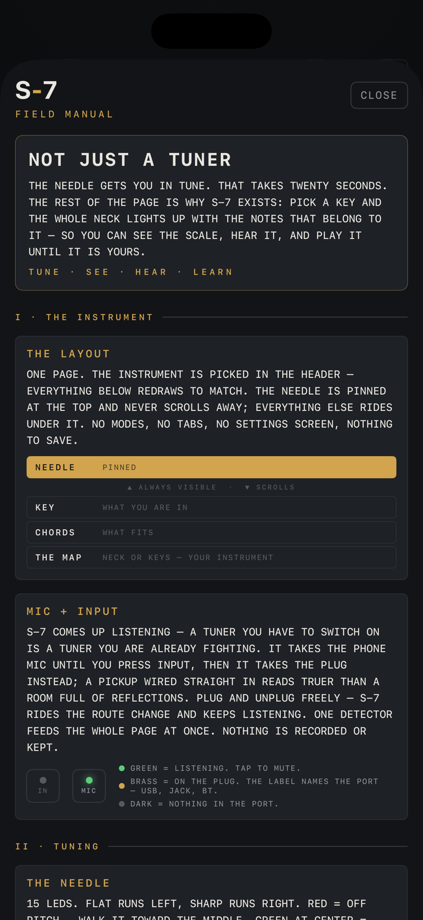 The S-7 field manual open in the app: NOT JUST A TUNER, the layout diagram, mic and input